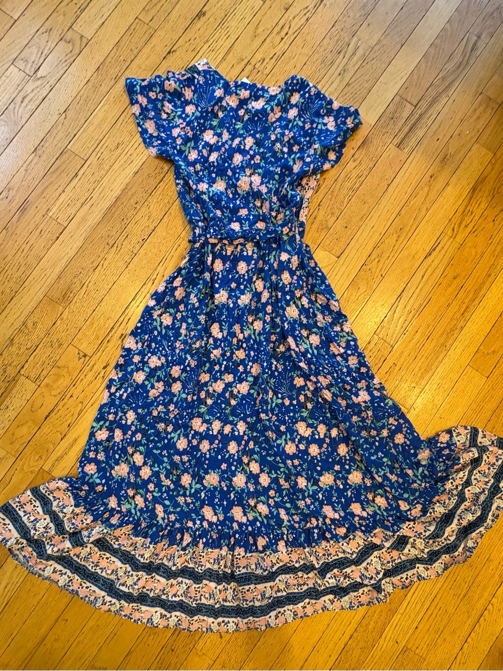 Blue Floral Wrap Maxi Dress with Tie Waist - Picture 2 of 10
